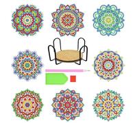 VireEyU DIY Dessous de Verre - Ensemble de 8, Absorbant en Liège et Céramique avec Porte-Verre en Métal, Motif Mandala pour Tasses, Vases, Bougies, Cadeau d'Inauguration pour Anniversaire,