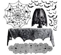 VireEyU Ensemble de Décoration d'Halloween 40 Pièces: Abat-jour, Chemin de Table en Dentelle avec Toiles d'Araignée, Nappe Ronde en Dentelle, Écharpe de Cheminée, Autocollants Muraux 3D Chauve-Souris