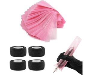 VireEyU Kit d'Accessoires de Tatouage 204 Pièces, Incluant 4 Bandages de Prise Noirs et 200 Housses de Stylo Jetables, Essentiels pour Artistes Tatoueurs (Rose)