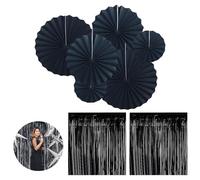 VireEyU Kit de Décoration de Fête 8 Pièces en Noir : 2 Rideaux à Franges Métallisées et 6 Éventails en Papier, Parfait pour Mariages, Anniversaires et Fêtes, Rideau Métallique 1x2 Mètres