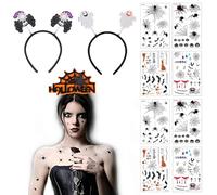 VireEyU Kit Halloween, Set de 8 Tatouages de Toile d'Araignée et 3 Serre-Têtes, Tatouages Temporaires, Accessoires de Maquillage pour Halloween et Carnaval