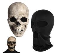 VireEyU Masque de Crâne Halloween Réaliste avec Mâchoire Mobile et Cagoule Noire | Masque Intégral Squelette Effrayant en Latex Naturel, Idéal pour Halloween et Cosplay