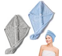 VireEyU Pack de 2 Turbans en Microfibre avec Bouton, Serviette pour Séchage des Cheveux, Absorption Rapide et Efficace, Turban en Microfibre avec Bouton, Bleu Clair & Gris Clair
