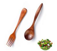 VireEyU Service à salade en bois, 2 pièces, couverts rustiques comprenant une fourchette et une cuillère à salade, ustensiles de cuisine pour salades, Aspect bois naturel pour la cuisine (17,5 cm)