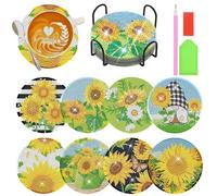 VireEyU Set de 8 Dessous de Verre en Diamond Painting avec Support, DIY Motif Tournesol, Kits de Bricolage Réutilisables avec Diamants pour Bougies, Cadeau de Crémaillère d'anniversaire