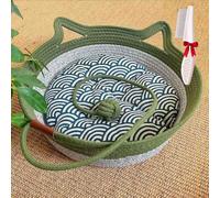 Virelapets Panier en Corde tissée à la Main avec Tapis à gratter intégré et Balle de Jeu,Oreilles de Chat,Corde en Coton Double Tampon Anti-Rayures (A (Coussin Bleu), G (10 kg Maximum))