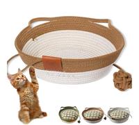 Virelapets - Virela Pets Woven Rope Cat Basket, Cute Cat Bed with Built-in Scratching Mat & Play Ball, Pet Gift Basket for Cats, Semi-Enclosed Design, Breathable & Durable (Brown-L,no Pad)