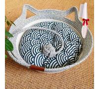 Virelapets Woven Rope Cat Basket,Virelapets Hand Woven Rope Cat Bed,with Built-in Scratching Mat & Play Ball,for Indoor Pet (B(Blue Cushion), S(Within 8.8lb/4KG))