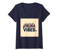 Virginia Vibes : l'amour des Montagnes pour Les Amateurs de Plein air T-Shirt avec Col en V, Femme, Bleu Marine, XXL