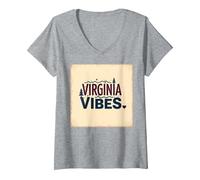 Virginia Vibes : l'amour des Montagnes pour Les Amateurs de Plein air T-Shirt avec Col en V, Femme, Gris Chiné, XXL