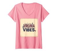 Virginia Vibes : l'amour des Montagnes pour Les Amateurs de Plein air T-Shirt avec Col en V, Femme, Rose, XL