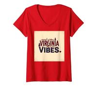 Virginia Vibes : l'amour des Montagnes pour Les Amateurs de Plein air T-Shirt avec Col en V, Femme, Rouge, L