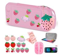 VirgoCCY Étui de transport en forme de fraise pour Switch 2 2025 avec coques en silicone rose, capuchons de pouce kawaii, protection d'écran, autocollants brodés pour filles et femmes, fraise