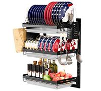 Virgorack Grand égouttoir à vaisselle mural à 3 niveaux, en acier inoxydable, égouttoir à vaisselle pour cuisine avec organisateur d'ustensiles (noir)