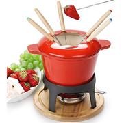 Virklyee Fondue en Céramique en Fonte Fondue bourguignonne Fonte Service à Fondue au Fromage Avec 6 fourchettes Avec Brûleur Convient à Fromage Chocolat du Pain des Fruits Légume Guimauve (Rouge o2)