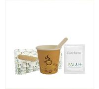 Virsus Kit sucre agitateurs petits gobelets Ensemble d'accessoires biodégradables 150 sachets de sucre - 150 gobelets 75 ml en carton havane avec motif - 150 agitateurs en bois de bouleau