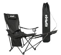 VirtuFit Chaise de camping pliable avec repose-pieds - Noir - Chaise de plage pliable avec accoudoirs et porte-gobelet - Chaise d'extérieur confortable pour camping, jardin, festival et plage