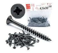 Vis a bois acier trempé noir zingué tête fraisée PZ2 Ø 4,5x30 mm, 100 pièces vis de fixation placo pour bois meubles panneaux agglomérés plâtre plastique bricolage montage précis Lun Fix
