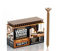 Vis à bois multi-usages, 6 x 100 mm, 100 pièces, kit de vis à bois à filetage simple galvanisées au zinc, vis autotaraudeuses passivées jaunes pour terrasse (6mm x 100mm)