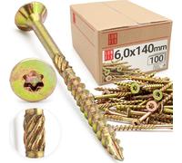 Vis à bois Torx 6,0 x 140 mm (100 Pièces), tête fraisée avec nervures de fraisage, universelle jaune zinguée en acier pour aggloméré, panneau bois, terrasse, menuiserie et charpente, Lun Fix