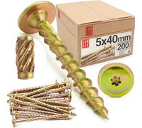 Vis à bois Torx TX25 5 x 40 mm, lot 200, vis terrasse zinguée jaune, tête plate fraisoirs, acier zingué, autoperceuse, charpente, aggloméré, fixation construction professionnelle Lun Fix