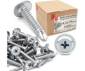 Vis autoforeuse métal 4,2x19 mm 1000pcs, fixations autoperceuse cruciforme tête bombée large, auto-perçante zinguée, vis autotaraudeuse acier, visserie pour tôle et acier, bricolage construction