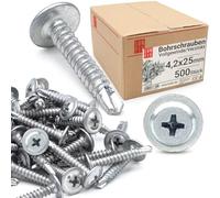 Vis autoforeuse métal 4,2x25 mm 500pcs, fixations autoperceuse cruciforme tête bombée large, auto-perçante zinguée, vis autotaraudeuse acier, visserie pour tôle et acier, bricolage construction