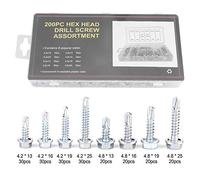Vis autoperceuses à tête hexagonale 200pcs, ensemble d'assortiment de vis de forage auto-taraudeuses en métal durable, kit d'assortiment de matériel de fixation de boulon en métal auto-taraudant
