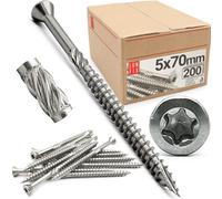 Vis terrasse inox 5x70mm tête fraisée Torx TX15, acier inoxydable C2 extérieur, filetage partiel durcies, construction terrasse bois extérieur, fixation planches, 200 pièces Lun Fix