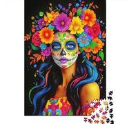 Visage Crâne Coloré Puzzle 1000 Pièces Papier Puzzle pour Adultes Couronne de Fleurs Concentration Décoration Cadeau 52x38cm/1000pcs