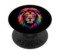 Visage de Lion coloré Arc-en-Ciel Portrait Animal majestueux Faune Sauvage PopSockets PopGrip Adhésif