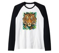 Visage de Tigre - Feuilles de Jungle Tropicale - Art géométrique Manche Raglan