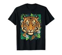 Visage de Tigre - Feuilles de Jungle Tropicale - Art géométrique T-Shirt