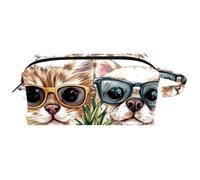 Visages de chaton et de chiot avec lunettes et ananas de plage pour femme, trousse de beauté, trousse de toilette de voyage portable à suspendre, trousse de maquillage en cuir, trousse à crayons pour