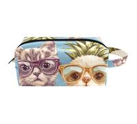Visages de chaton et de chiot avec lunettes et ananas de plage pour femme, trousse de beauté, trousse de toilette de voyage portable à suspendre, trousse de maquillage en cuir, trousse à crayons pour