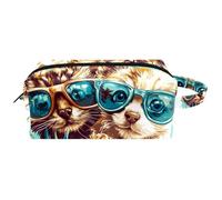 Visages de chaton et de chiot avec lunettes et ananas de plage pour femme, trousse de beauté, trousse de toilette de voyage portable à suspendre, trousse de maquillage en cuir, trousse à crayons pour