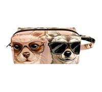 Visages de chaton et de chiot avec lunettes et ananas de plage pour femme, trousse de beauté, trousse de toilette de voyage portable à suspendre, trousse de maquillage en cuir, trousse à crayons pour