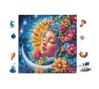 Visages du Soleil et de la Lune avec des Fleurs 100 Pièces Puzzle Créatif en Carton Rigide sans Déformation Difficulté Moyenne Activité Manuelle Loisir Créatif Cadeau Créatif Anniversaire 28x28cm