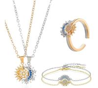 VisageVitalit 6 Pièces Parure de Bijoux Soleil Lune, Bague-Collier-Bracelet Ensemble, Collier d'Amitié pour 2