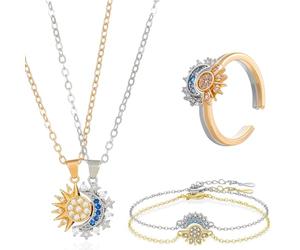 VisageVitalit 6 Pièces Parure de Bijoux Soleil Lune, Bague-Collier-Bracelet Ensemble, Collier d'Amitié pour 2