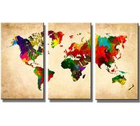 Visario Carte du Monde Image sur Toile Trois Parties, Impression d'art Images Mural, Cadre en Bois et métal Crochets en Métal Inclus, Bunt, 120 x 80 x 1.5 cm