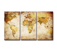 Visario Carte du Monde Image sur Toile Trois Parties, Impression d'art Images Mural, Cadre en Bois et métal Crochets en Métal Inclus, Beige Vintage, 120 x 80 x 1.0 cm