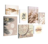 Visario Lot de 7 tableaux sur toile véritable encadrés sans poster - Herbe de la pampa bohème - Attrape-rêves - Palmier Think Positive Love Yourself 4514 - Prêt à accrocher.