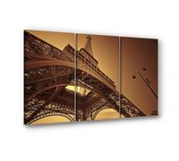 Visario Tableau sur toile 3 pièces XXL 150x90 cm 1048 - Tour Eiffel à Paris - Vue en contre-plongée, tons sépia chauds - Toiles 50x90 cm chacune tendues sur châssis en bois