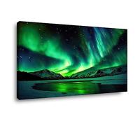 Visario Tableau sur toile Aurore Boréale 80x60 cm - Photo murale sur cadre en bois - Aurore boréale au-dessus des montagnes - Impression artistique de haute qualité pour salon, chambre et bureau