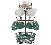 Visentor Porte-tasses à café en forme d'arbre - Support rotatif en métal pour tasses à café à 3 niveaux avec poignée pour 10 crochets de tasses avec tasses et soucoupe pour bar et comptoir de cuisine,