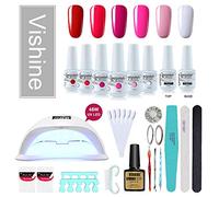 Vishine Kit Manucure Complet Vernis Semi-Permanent, 6 Couleurs Rouge Rose Blanc, Lampe LED UV 48W, Accessoires Manucure, Outils Nail Art