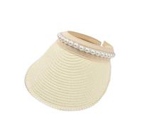 Visière en paille pour femme avec bandeau perlé - Visière d'été à large bord - Chapeau de soleil élégant UPF50+ Gwy417, blanc, Taille unique