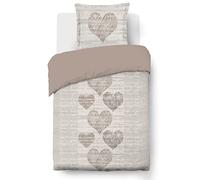 Vision - Parure de lit Alice - 100% Coton - Cœurs - Coloris: Beige - Set de Housse de Couette 140 x 200 cm avec 1 taie d'oreiller pour lit 1 Personne - Certifié Oeko-tex