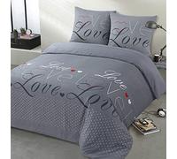 Vision - Parure de lit Flanelle - Love Gris - Housse de Couette 240 x 220cm avec 2 taies Assorties 65x65cm pour lit 2 Personnes - Flanelle: Doux et Chaude - Fibres Naturelles - Oekotex